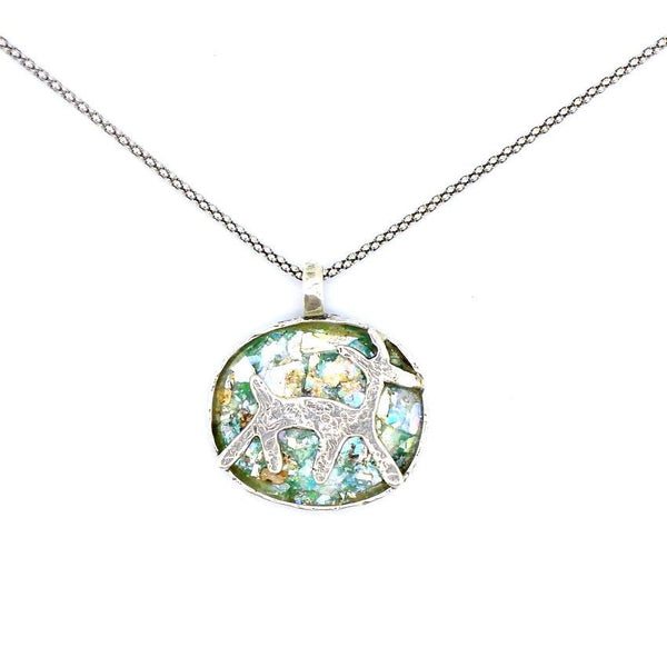 Pendant - Animal Figure In A Sterling Silver And Roman Glass Pendant