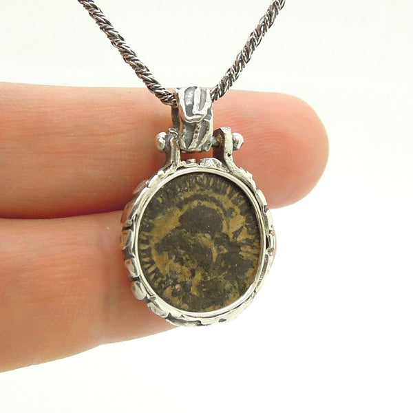 Pendant - Authentic Ancient Late Roman Coin Pendant Set In Designed Silver