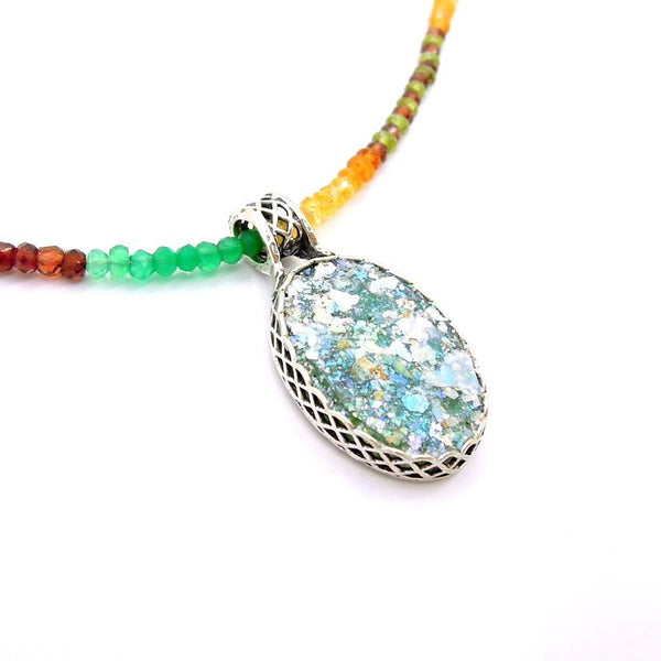 Pendant  - Bead Necklace With Gemstones & Oval Roman Glass