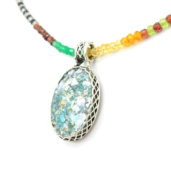 Pendant  - Bead Necklace With Gemstones & Oval Roman Glass