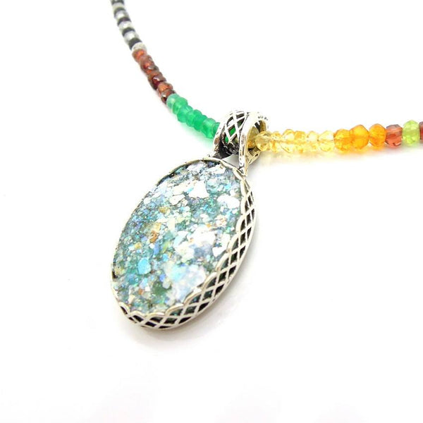 Pendant  - Bead Necklace With Gemstones & Oval Roman Glass