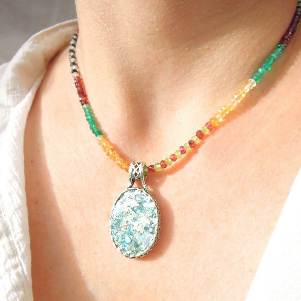 Pendant  - Bead Necklace With Gemstones & Oval Roman Glass