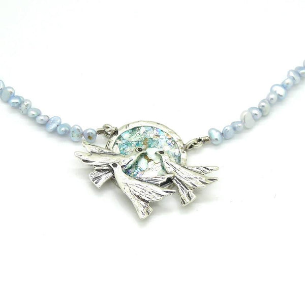 Pendant  - Beaded Blue Pearl 2 Peace Doves Roman Glass Pendant