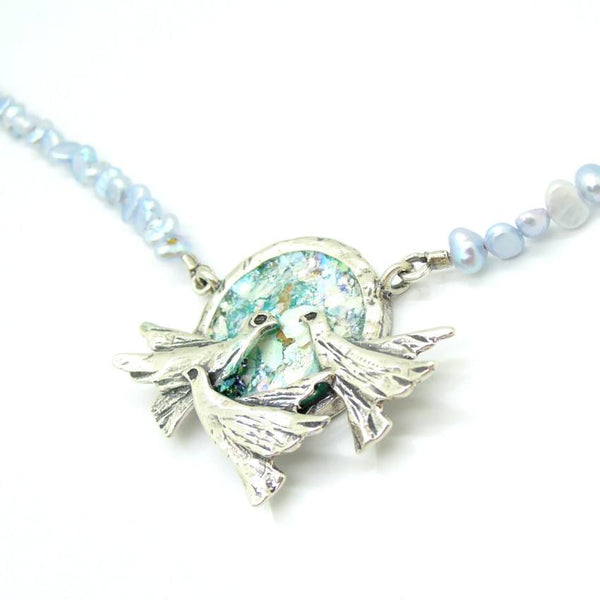 Pendant  - Beaded Blue Pearl 2 Peace Doves Roman Glass Pendant