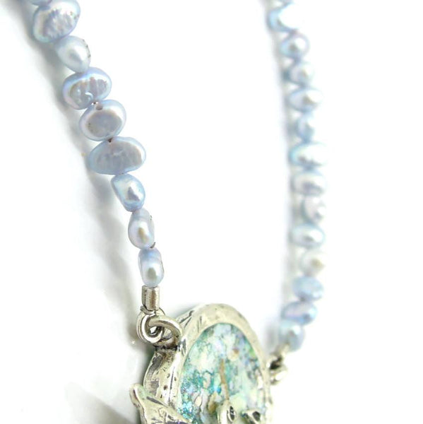 Pendant  - Beaded Blue Pearl 2 Peace Doves Roman Glass Pendant