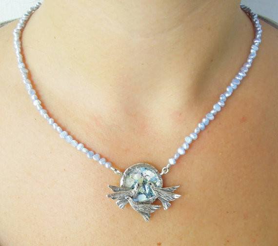 Pendant  - Beaded Blue Pearl 2 Peace Doves Roman Glass Pendant