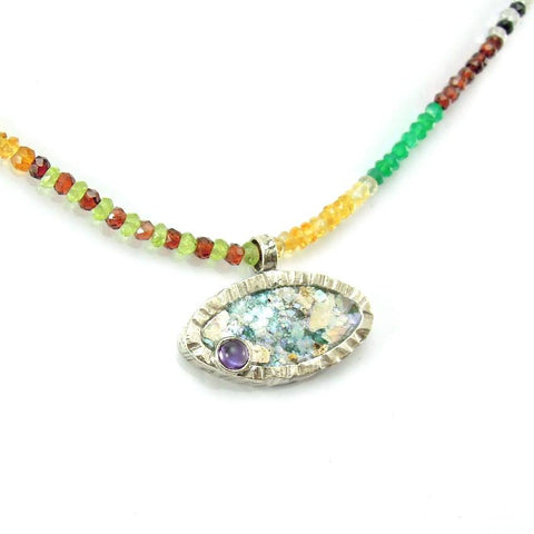 Pendant  - Beaded Necklace With Gemstones Oval Roman Glass Pendant