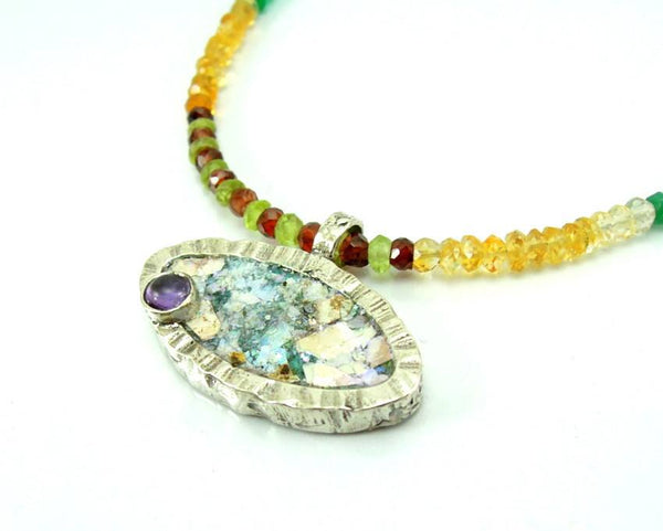 Pendant  - Beaded Necklace With Gemstones Oval Roman Glass Pendant
