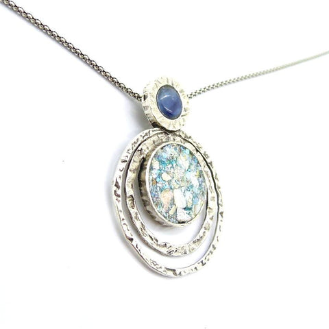 Pendant  - Blue Kyanite Silver Necklace And Roman Glass Pendant