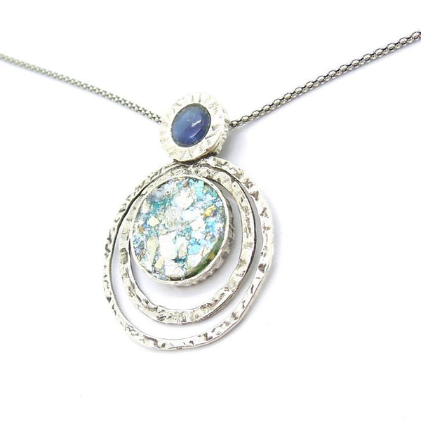 Pendant  - Blue Kyanite Silver Necklace And Roman Glass Pendant