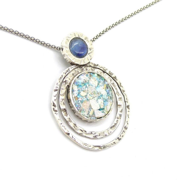 Pendant  - Blue Kyanite Silver Necklace And Roman Glass Pendant