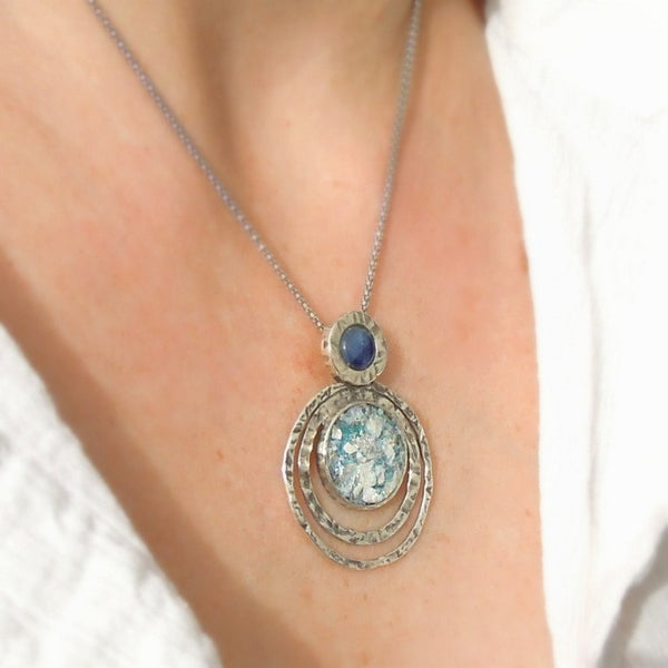 Pendant  - Blue Kyanite Silver Necklace And Roman Glass Pendant