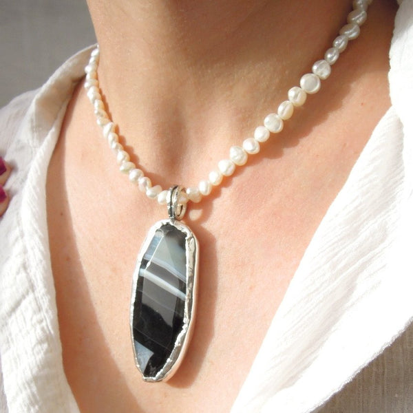 Pendant  - Botswana Agate Pearl Necklace
