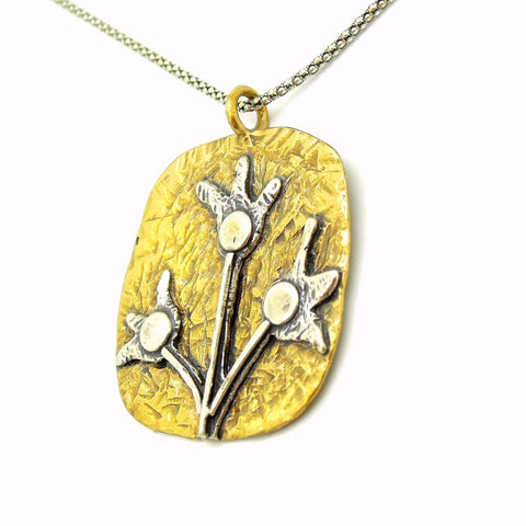 Pendant - Brass Pendant Necklace With Silver Flowers