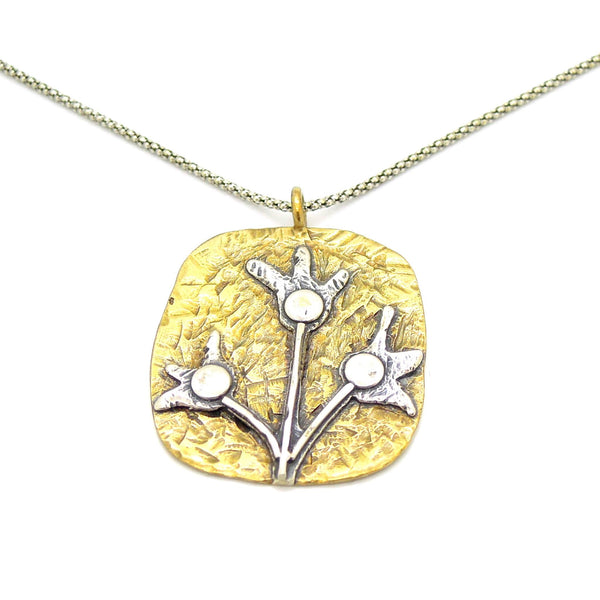 Pendant - Brass Pendant Necklace With Silver Flowers