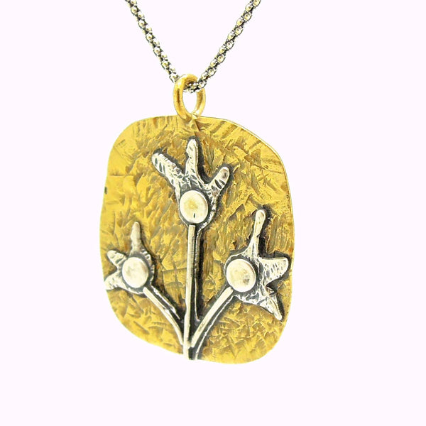 Pendant - Brass Pendant Necklace With Silver Flowers
