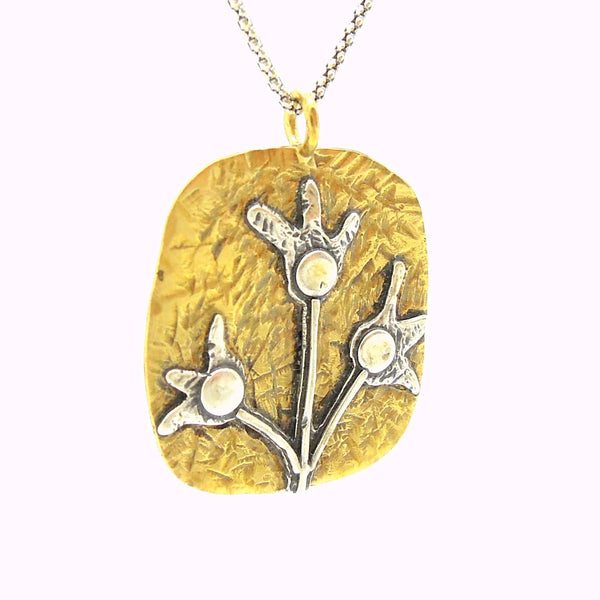 Pendant - Brass Pendant Necklace With Silver Flowers