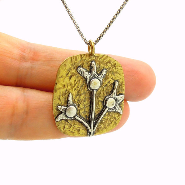 Pendant - Brass Pendant Necklace With Silver Flowers
