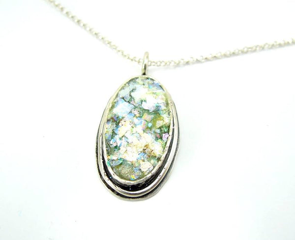 Pendant  - Delicate Classic Oval Silver And Roman Glass Pendant