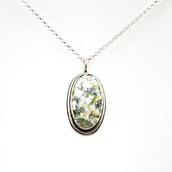 Pendant  - Delicate Classic Oval Silver And Roman Glass Pendant