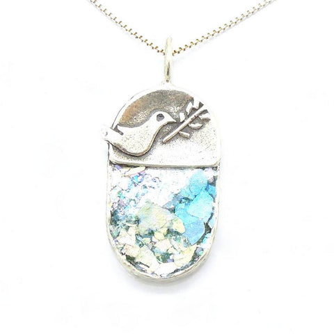 Pendant  - Dove Holding An Olive Tree Branch Peaceroman Glass Necklace