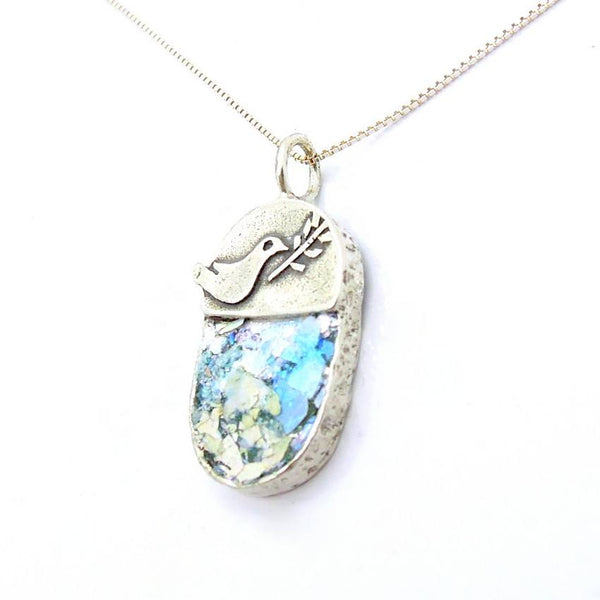 Pendant  - Dove Holding An Olive Tree Branch Peaceroman Glass Necklace