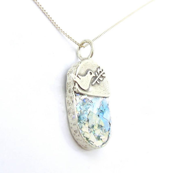 Pendant  - Dove Holding An Olive Tree Branch Peaceroman Glass Necklace