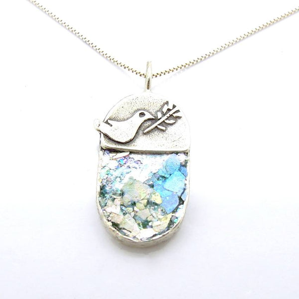 Pendant  - Dove Holding An Olive Tree Branch Peaceroman Glass Necklace