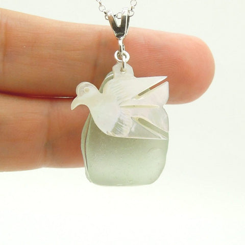 Pendant - Dove Shaped Pearl & Silver Sea Glass Pendant
