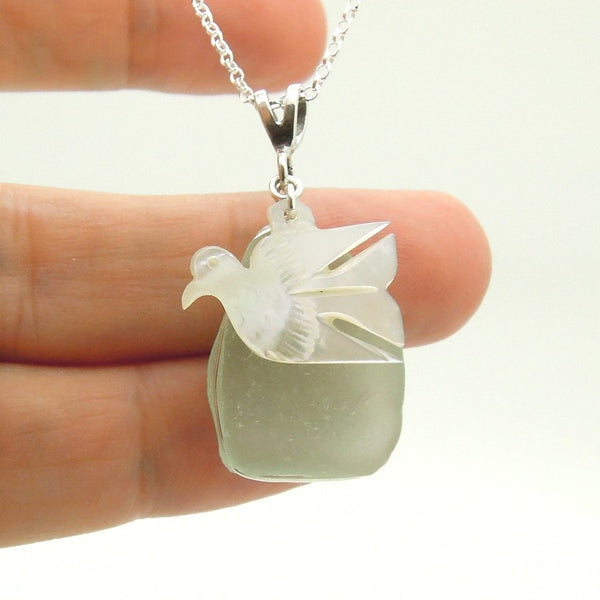 Pendant - Dove Shaped Pearl & Silver Sea Glass Pendant