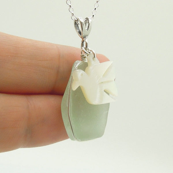 Pendant - Dove Shaped Pearl & Silver Sea Glass Pendant