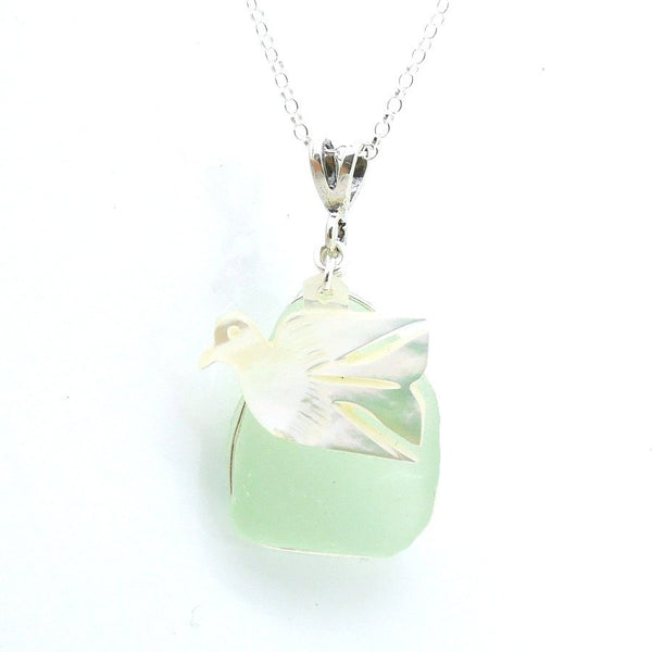 Pendant - Dove Shaped Pearl & Silver Sea Glass Pendant