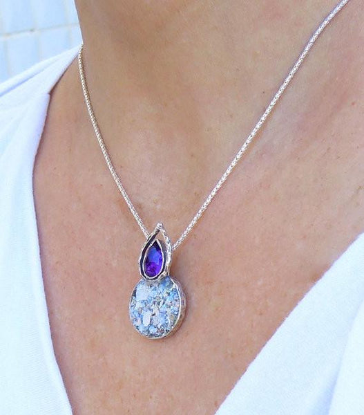 Pendant  - Drop And Circle Shape Amethyst And Roman Glass Pendant
