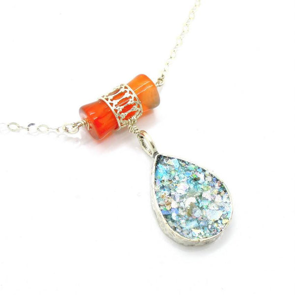 Pendant  - Drop Glass Necklace With Carneol