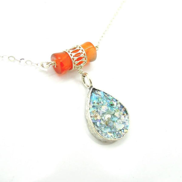 Pendant  - Drop Glass Necklace With Carneol