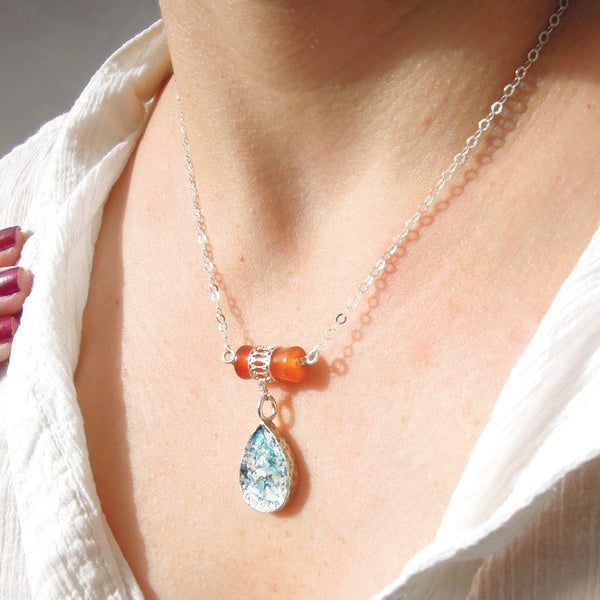 Pendant  - Drop Glass Necklace With Carneol