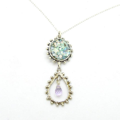 Pendant - Drop Shape Amethyst Necklace With Roman Glass In Silver
