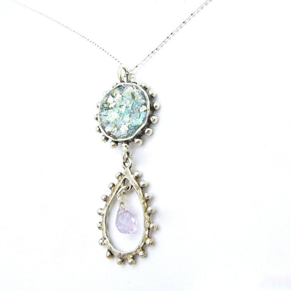 Pendant - Drop Shape Amethyst Necklace With Roman Glass In Silver