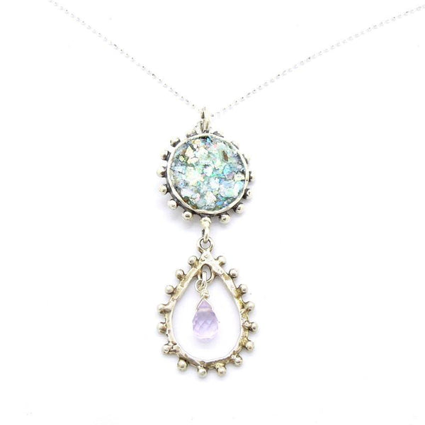 Pendant - Drop Shape Amethyst Necklace With Roman Glass In Silver