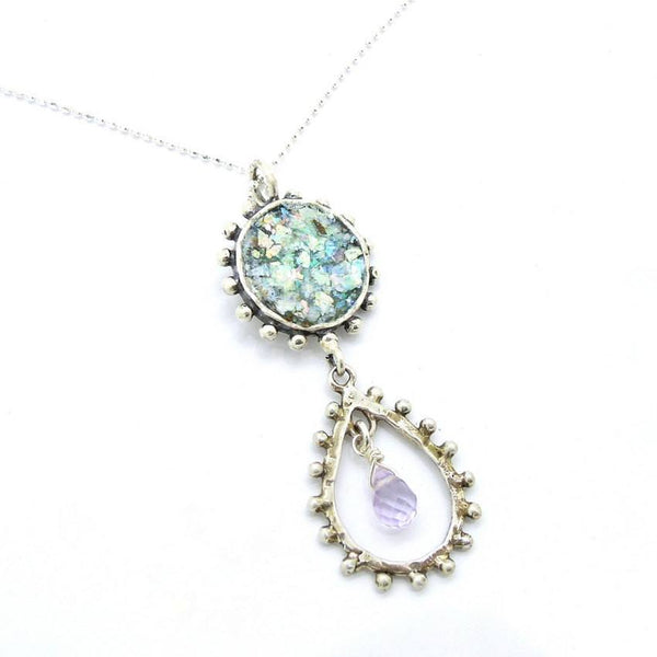 Pendant - Drop Shape Amethyst Necklace With Roman Glass In Silver