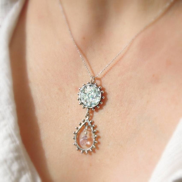 Pendant - Drop Shape Amethyst Necklace With Roman Glass In Silver