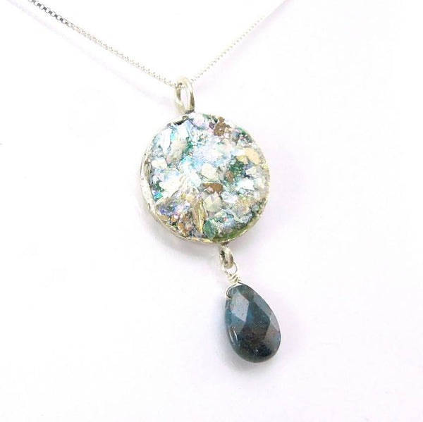 Pendant  - Drop Shape Kyanite And Round Roman Glass Pendant