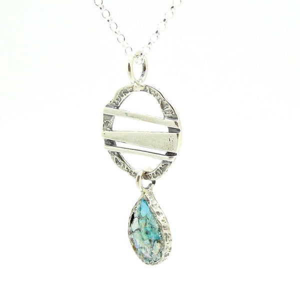 Pendant - Drop Shape Silver Pendant With Roman Glass