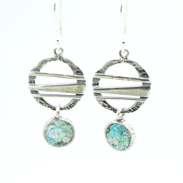 Pendant - Drop Shape Silver Pendant With Roman Glass