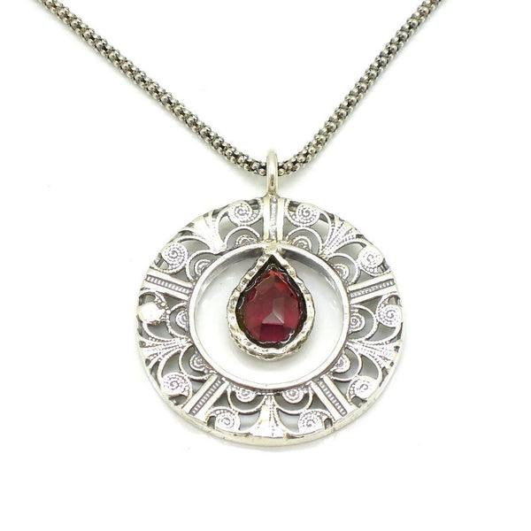 Pendant - Drop Shaped Garnet In A Round Filigree Silver Pendant