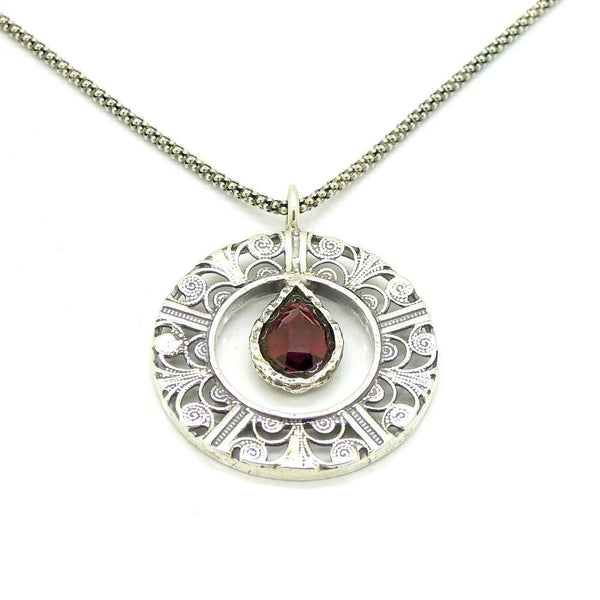 Pendant - Drop Shaped Garnet In A Round Filigree Silver Pendant