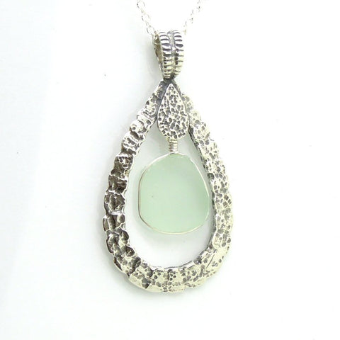 Pendant - Drop Shaped Sterling Silver & Sea Glass Pendant