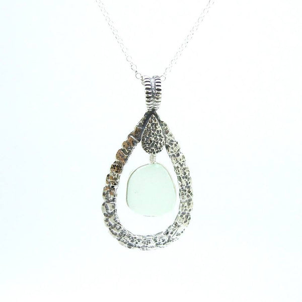 Pendant - Drop Shaped Sterling Silver & Sea Glass Pendant