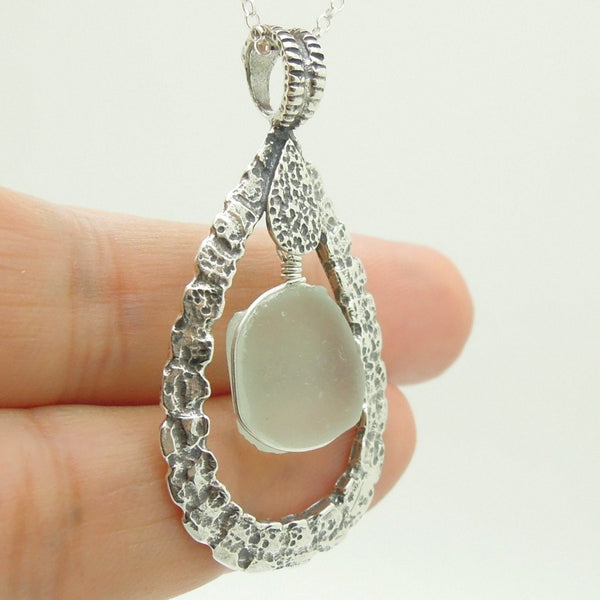 Pendant - Drop Shaped Sterling Silver & Sea Glass Pendant