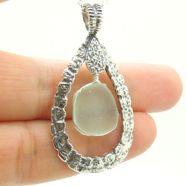Pendant - Drop Shaped Sterling Silver & Sea Glass Pendant